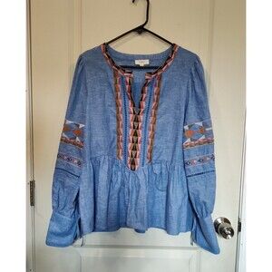 Women's a loves a Linen Blend Embroidered Peasant Blouse Blue Medium